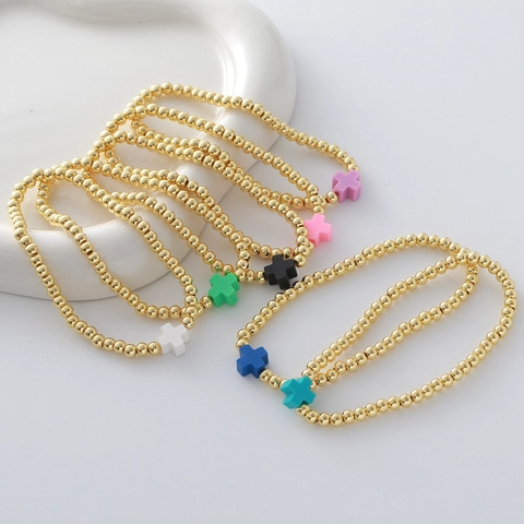 Gold Plated Copper Bead Cross Bracelet Religious Elastic Bracelet Set Jewelry For Women Fashion Religious Gift