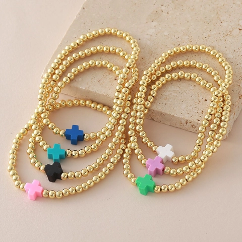 Gold Plated Copper Bead Cross Bracelet Religious Elastic Bracelet Set Jewelry For Women Fashion Religious Gift