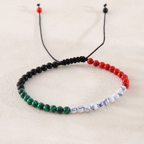 Handmade Natural Stone Beaded Bracelet Palestine Flag Colors Red Black White Green Elastic String Unisex Jewelry Gift