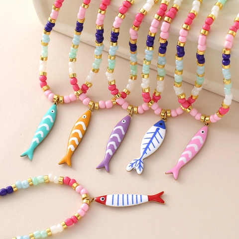 Halskette Aus Edelstahl Mit Gestreiftem Fisch Anhänger Bunte Reisperlen Kette Sommer Ozean Stil Schmuck Für Damen Unisex