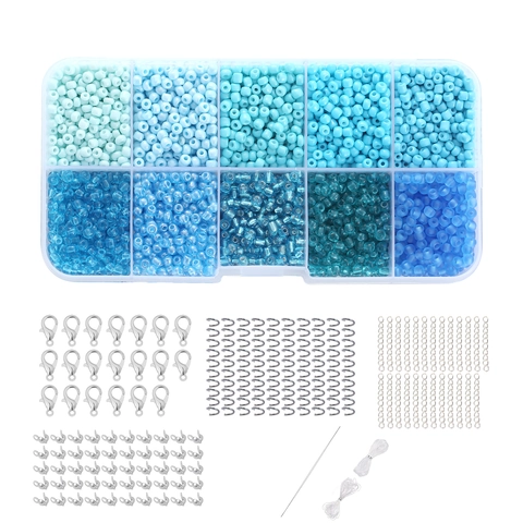 DIY Glass Seed Beads Kit 10-Grid Blue Series Beads Set With Elastic Cord Lobster Clasps For Jewelry Making Handmade Necklace Bracelet