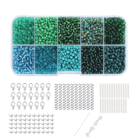 DIY Jewelry Making Kit Blue Green Glass Seed Beads With Lobster Clasps Jump Rings Beading Needle And Elastic Cord Findings