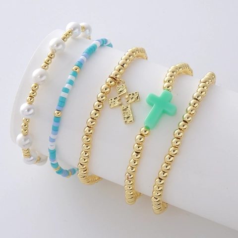 Bohemian Copper 18K Gold Plated Cross Seed Bead Bracelets White Faux Artificial Pearl Geometric Stackable Women Jewelry Accessories