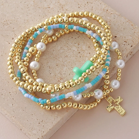 Bohemian Copper 18K Gold Plated Cross Seed Bead Bracelets White Faux Artificial Pearl Geometric Stackable Women Jewelry Accessories