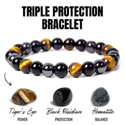 Natural Stone Triple Protection Bracelet Tiger Eye Obsidian Hematite Round Bead Handmade Minimalist Unisex Jewelry