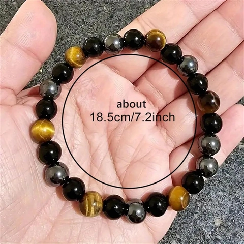 Natural Stone Triple Protection Bracelet Tiger Eye Obsidian Hematite Round Bead Handmade Minimalist Unisex Jewelry