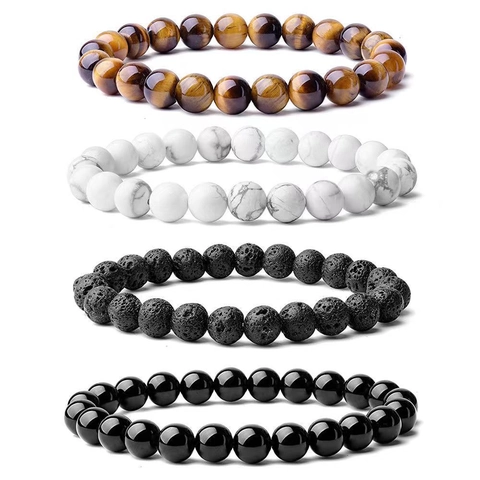 Natural Stone Bead Bracelet Tiger Eye Lava Rock White Turquoise Elastic Stretch Handmade Gemstone Yoga Jewelry For Men Women