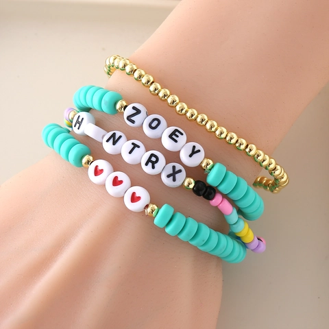 Juego de Pulseras de Cuentas de Cobre Azul para Mujer K-POP Letras del Alfabeto Patrón de Corazón Cuentas de Arcilla Polimérica