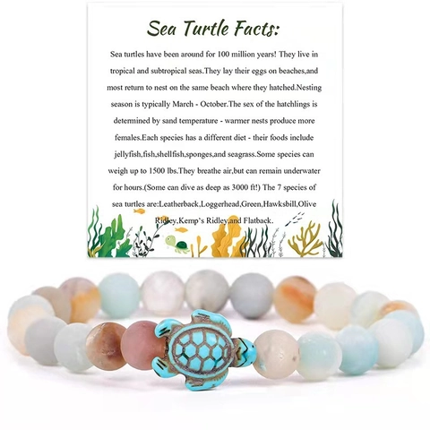 Braccialetto di Perle in Pietra Naturale a Forma di Tartaruga Marina Stile Oceano Gioielli con Pietre Energetiche con Carta Informativa per Uomo e Donna