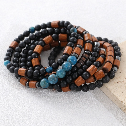 Natural Stone Wood Bead Bracelet Set Vintage Hematite Tiger Eye Lava Stone Beaded Elastic Wristband Ethnic Jewelry For Men