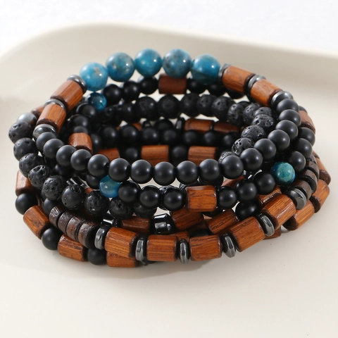 Natural Stone Wood Bead Bracelet Set Vintage Hematite Tiger Eye Lava Stone Beaded Elastic Wristband Ethnic Jewelry For Men