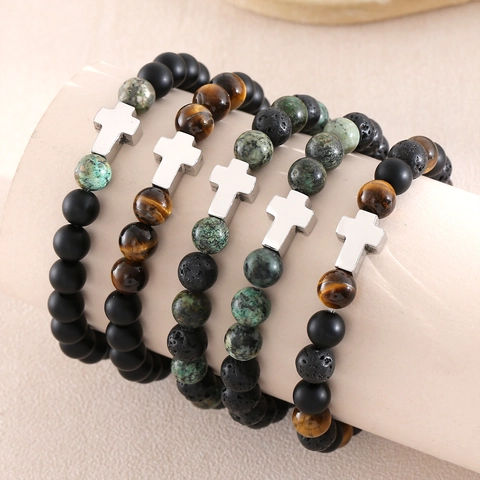 Cross Natural Stone Bracelet Unisex Stainless Steel Cross Lava Stone Tiger Eye African Turquoise Beaded Elastic Hand Jewelry