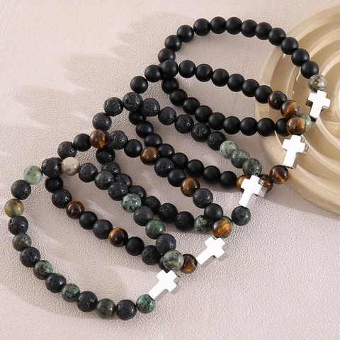 Cross Natural Stone Bracelet Unisex Stainless Steel Cross Lava Stone Tiger Eye African Turquoise Beaded Elastic Hand Jewelry