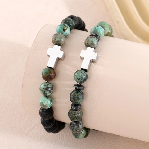 Natural Stone African Turquoise Lava Stone Cross Bracelet For Men Women Adjustable Braided Rope Religious Jewelry Bracelet