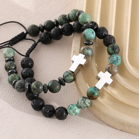 Natural Stone African Turquoise Lava Stone Cross Bracelet For Men Women Adjustable Braided Rope Religious Jewelry Bracelet