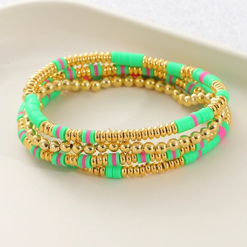 Bohemian Multilayer Bracelet Set For Women Neon Green Pink Heishi Polymer Clay Beads Gold Copper Beaded Elastic Summer Jewelry