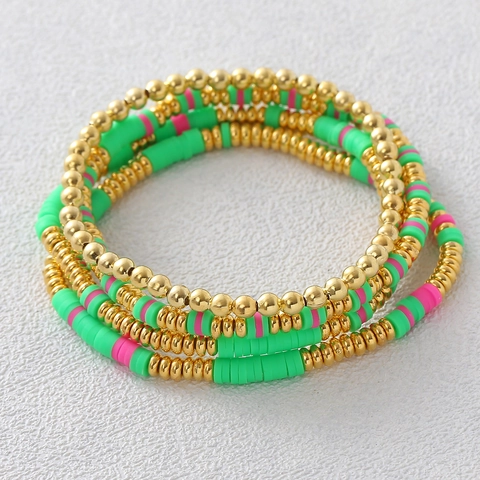 Bohemian Multilayer Bracelet Set For Women Neon Green Pink Heishi Polymer Clay Beads Gold Copper Beaded Elastic Summer Jewelry