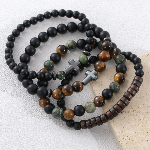 Vintage Natural Stone Tiger Eye Lava Rock Wood Bead Cross Bracelet For Unisex Religious Yoga Prayer Bracelet Jewelry