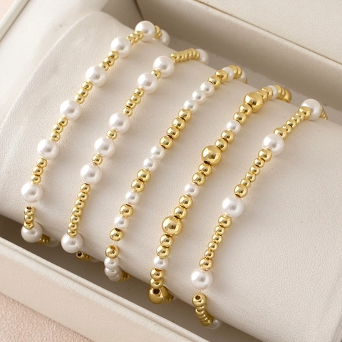 Fashion Copper Bead Artificial Pearl Stretch Bracelet Set Gold Plated Elegant Beaded Hand Jewelry For Women Party Everyday Accessory
