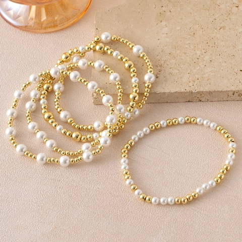 Fashion Copper Bead Artificial Pearl Stretch Bracelet Set Gold Plated Elegant Beaded Hand Jewelry For Women Party Everyday Accessory