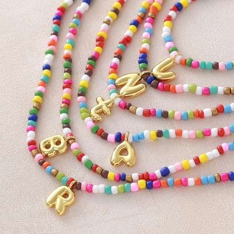 Handmade Colorful Seed Beads Copper Gold Plated Balloon Initial Letter Pendant Necklace Women Stainless Steel Boho Jewelry