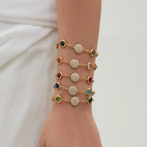 Luxury Stainless Steel Colorful Zircon Bracelet Round Glass Stone Earrings Set Exquisite Fashion Jewelry For Women