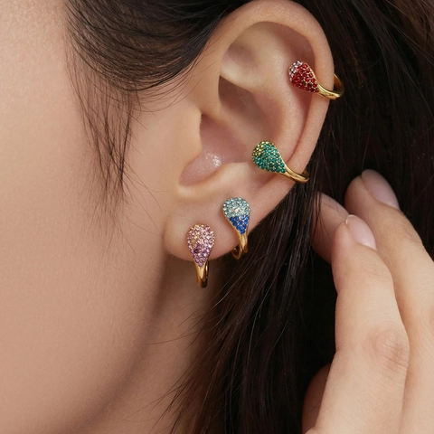 Orecchini in Acciaio Inossidabile Testa di Serpente Goccia Zirconia Placcati Oro 18K Sfumati Multicolore Strass Huggie Donna