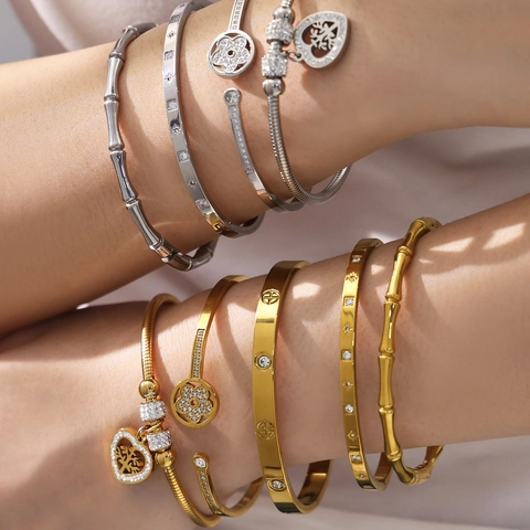 Stainless Steel Zircon Bamboo Joint Bangle For Women Tree Of Life Heart Pendant Star Flower Design Gold Plated Jewelry
