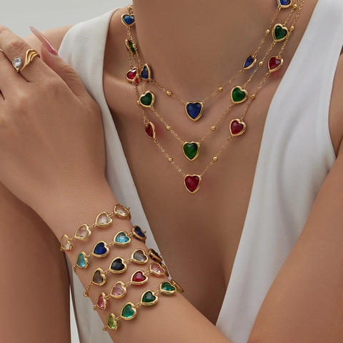 Set di Gioielli a Forma di Cuore in Acciaio Inossidabile per Donna Con Strass Oro Argento Placcato Collana Braccialetto Orecchini