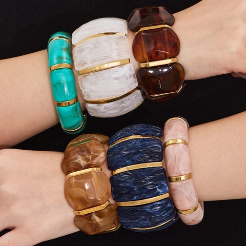 Vintage Geometric Resin Elastic Bracelet For Women Stainless Steel Metal Spacers Marble Pattern Fashion Bangle Jewelry Gift