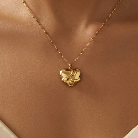 Stainless Steel Heart Hugging Arms Pendant Necklace Chic Elegant Gold Steel Color Satellite Bead Chain Jewelry For Women