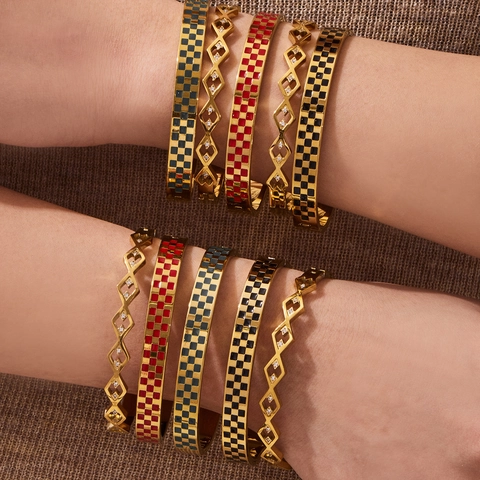 Stainless Steel Bangle Bracelet Chic Retro Checkerboard Enamel Hollow Geometric Zircon Inlaid Jewelry For Women
