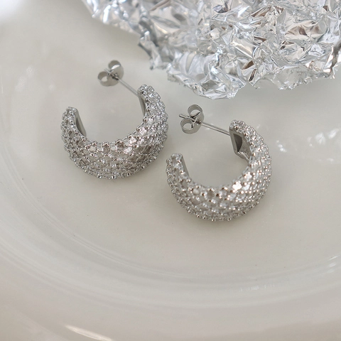 C-Shaped Hoop Earrings Surgical Titanium Steel Gold Plated Rhombic Beaded Texture Zirconia Vintage Fashion Jewelry