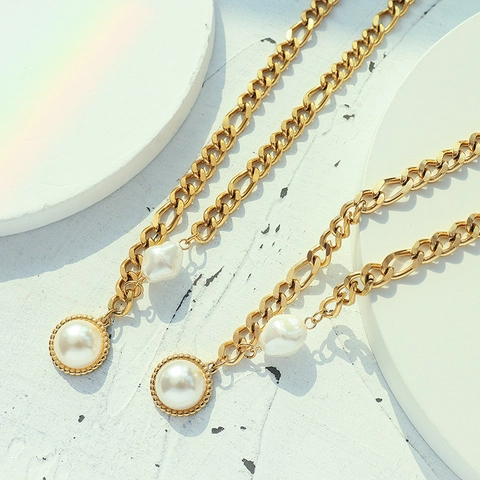 Baroque Freshwater Pearl Pendant Necklace Titanium Steel 18K Gold Plated Figaro Chain For Women Retro Elegant Jewelry