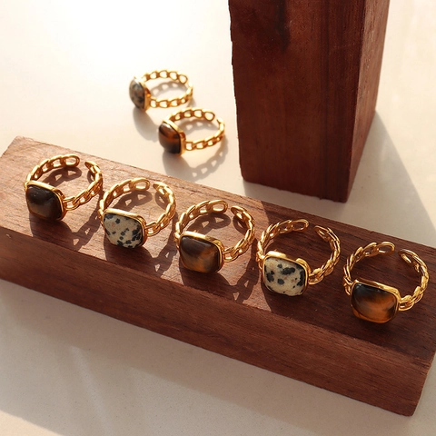 Quadratischer Tigerauge Naturstein Ring Titanstahl 18K Vergoldet Vintage Kettenglied Verstellbar Offener Geometrischer Schmuck