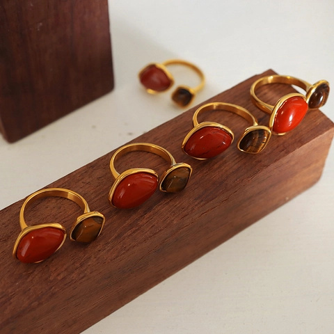 Vintage Open Ring Stainless Steel With Natural Tiger Eye And Red Agate Stones Adjustable Trendy Jewelry For Women