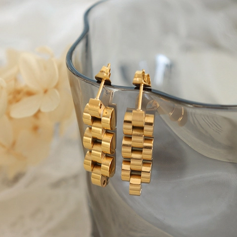 Stainless Steel Watchband Link Drop Ohrringe 18K Vergoldet Geometrisch Texturiert Trendiger Schmuck Für Damen
