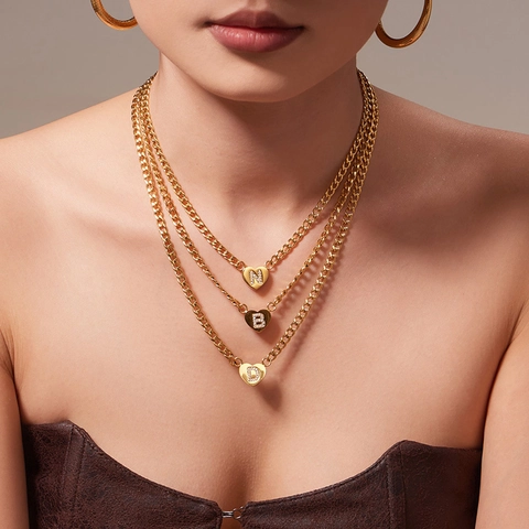 304 Stainless Steel 26 Initial Letter Heart Zirconia Pendant Necklace Bracelet Set 18K Gold Plated Chic Fashion Jewelry For Women