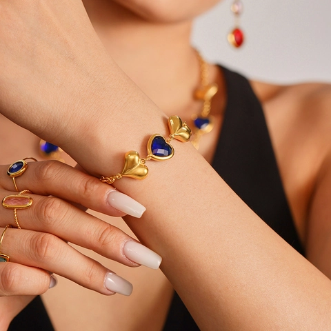 Joyas Corazón Romántico Francés Collar Pulsera Pendientes Acero Inoxidable Chapado Oro Vidrio Checo Colorido Colgante Corazón Joyería Mujer