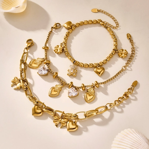 Stainless Steel DIY Charm Bracelet With Heart Bear Four Leaf Clover Zirconia Pendants Gold Silver Plated Jewelry For Women