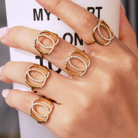 Fashion Stainless Steel Double Loop Open Ring For Women Minimalist Luxury Zirconia Pave Interlocking Geometric Adjustable Ring
