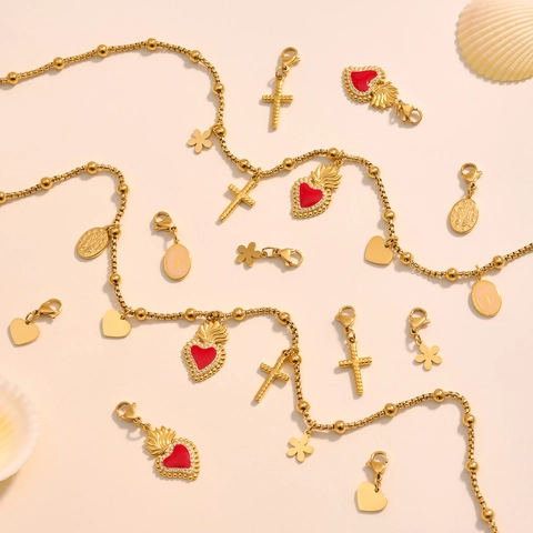 Edelstahl Mehrlagige Halskette Für Damen Gold Zirkon Heiliges Herz Kreuz Kleeblatt Blume Süßwasserperle Boho Schmuck