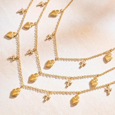 Edelstahl Gold Überzogene Herz Kreuz Anhänger Halskette Armband Schmuck Set Mit Zirkonia Lagen Für Damen Party Schmuck
