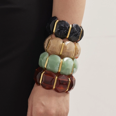 Fashion Women Stretch Bracelet Stainless Steel Resin Marble Texture Wide Bangle Geometric Faceted Retro Jewelry Accessory