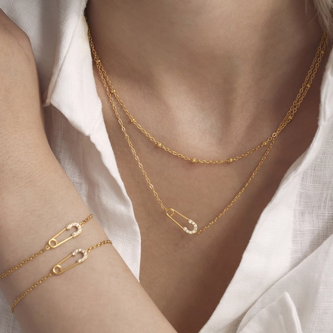 Minimalist Silver Zirconia Safety Pin Pendant Necklace Bracelet Set Double Layer Chain Fashion Commuting Jewelry For Women
