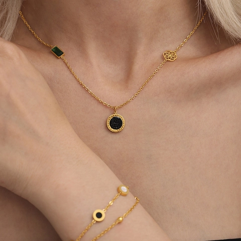 Conjunto de Joyas de Acero Inoxidable Con Collar Colgante Redondo Números Romanos Y Pulsera de Doble Capa Strass