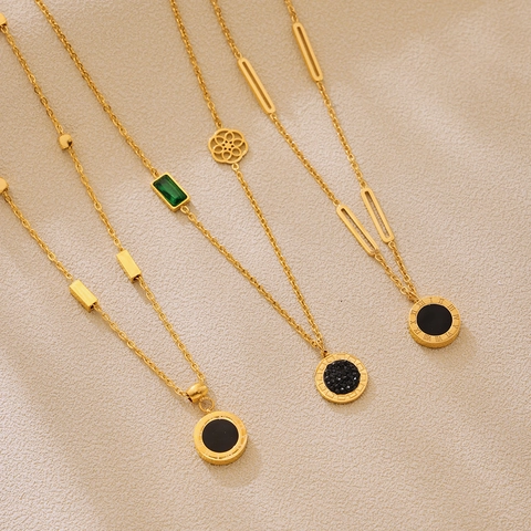 Conjunto de Joyas de Acero Inoxidable Con Collar Colgante Redondo Números Romanos Y Pulsera de Doble Capa Strass