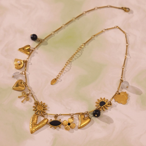 Bohemian Stainless Steel Heart Evil Eye Pendant Necklace For Women Gold Plated Colorful Agate Sunflower Summer Jewelry