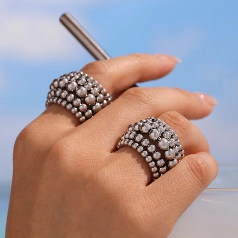 Exaggerated Layered Stainless Steel Bead Ring For Women 18K Gold Plated Chunky Multi-Row Ball Statement Open Finger Ring