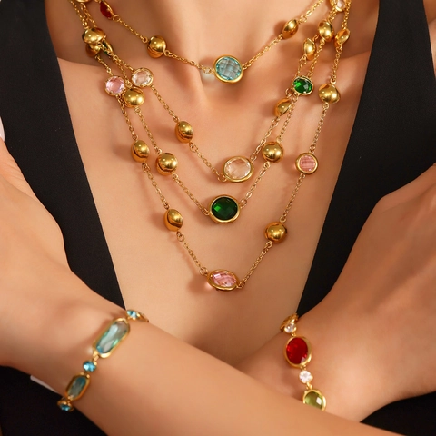 Stainless Steel Round Cut Czech Glass Stone Station Necklace Gold Silver Plated Elegant Palace Style Jewelry For Women